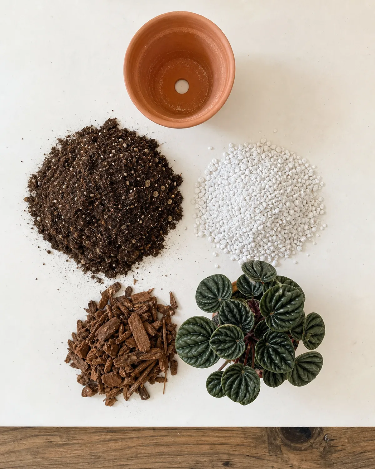 Top-down flat lay of peperomia potting supplies: terracotta pot with drainage hole, potting soil, perlite, orchid bark, and a small peperomia ready to pot
