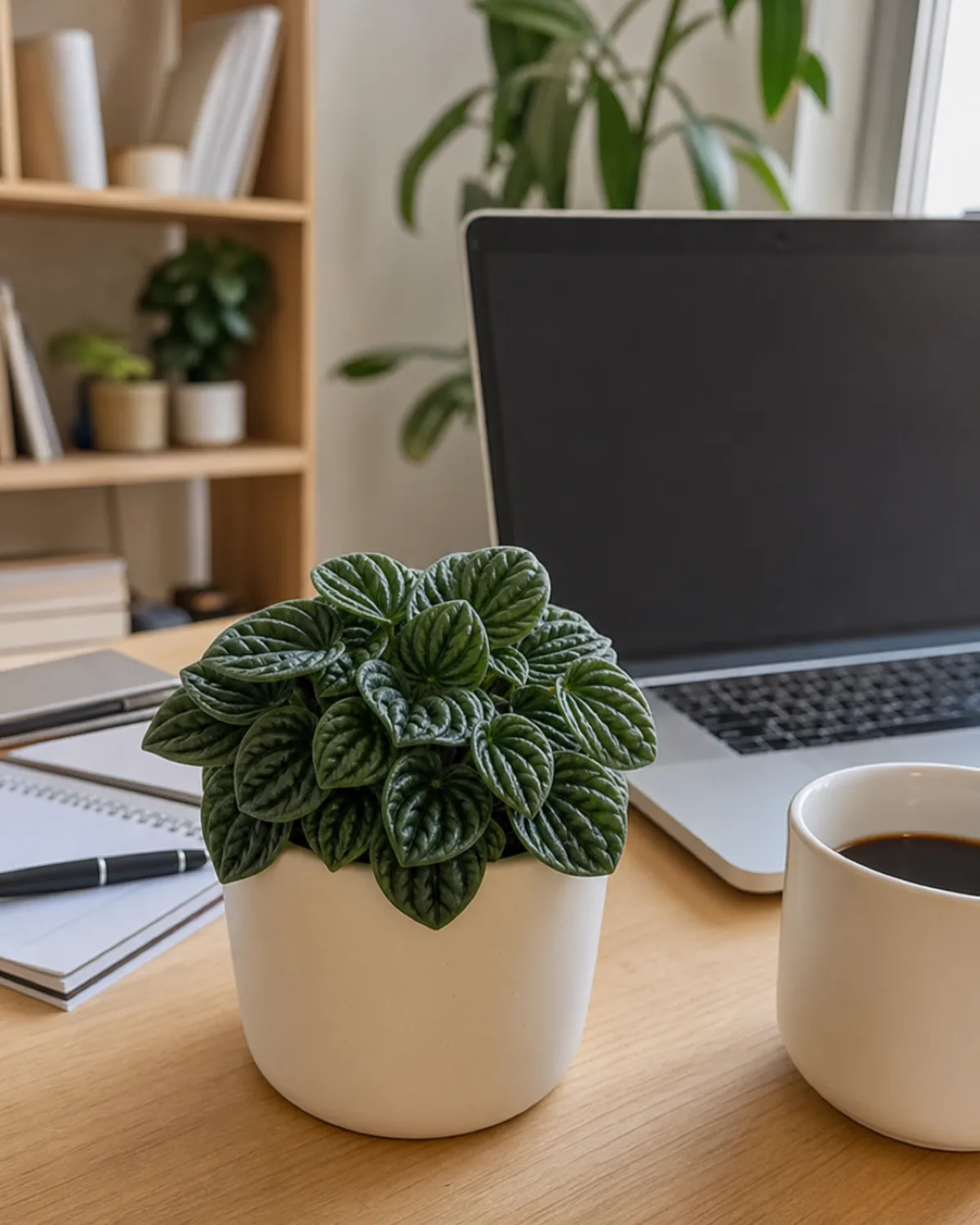A healthy compact Peperomia caperata on an office desk next to a laptop, thriving under office LED lighting