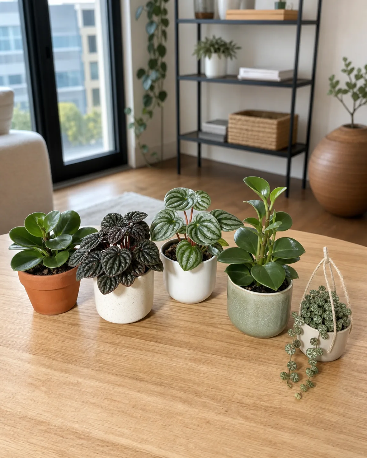 Five peperomia varieties in a row: obtusifolia, caperata, argyreia, polybotrya, and trailing prostrata showing genus diversity