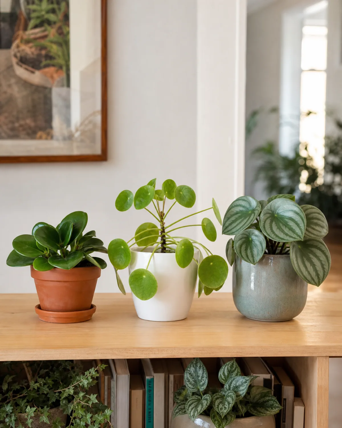 Three compact plants compared on a shelf: peperomia obtusifolia, pilea peperomioides with coin-like leaves, and a small calathea with striped leaves