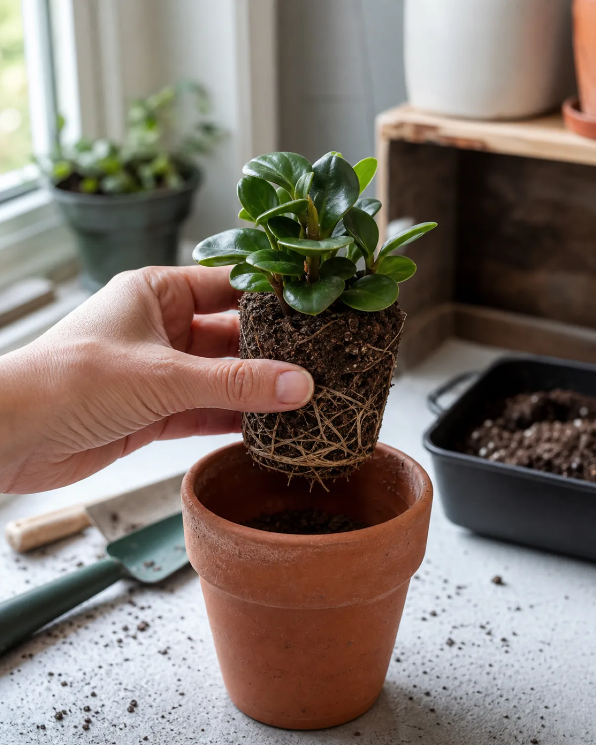 A hand lifting a peperomia from its terracotta pot to check dry soil pulling away from pot edges, showing the small shallow root system