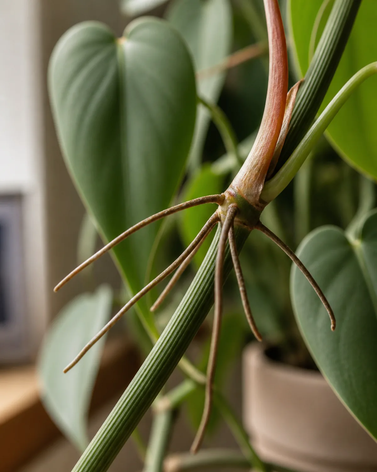 A closeup macro of thin wiry brown aerial roots growing from a stem node of a heartleaf philodendron vine against a blurred background of matte green heart shaped leaves