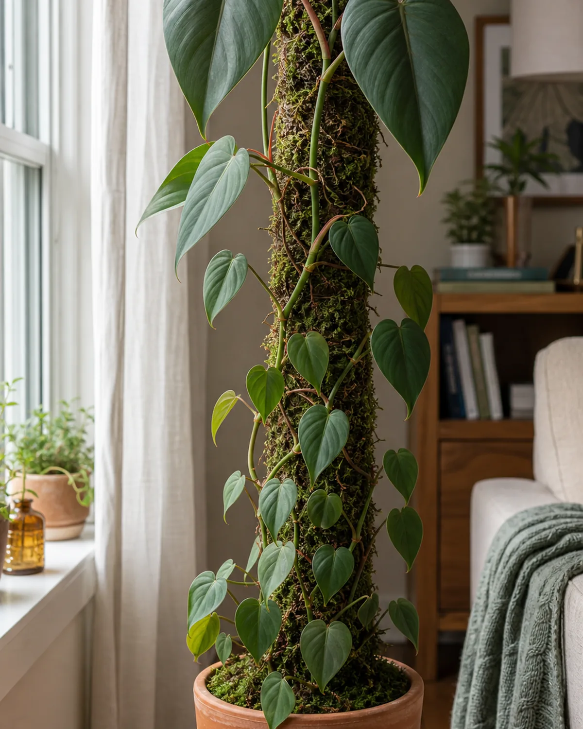 A heartleaf philodendron vine climbing up a moss covered pole in a terracotta pot with noticeably larger mature heart shaped leaves near the top of the pole than the smaller leaves lower on the vine