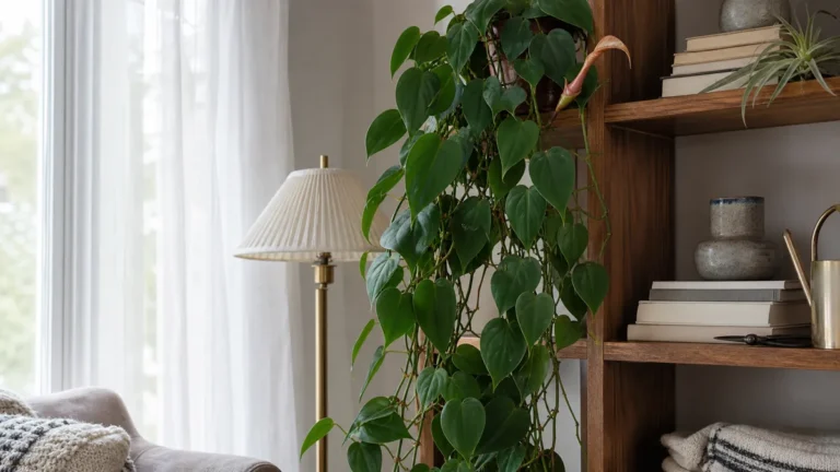 A lush trailing heartleaf philodendron cascading from a tall wood shelf in a bright real-home corner with matte deep green heart-shaped leaves down the full length of the vine and one coppery bronze-red new leaf unfurling near the top from a thin papery sheath