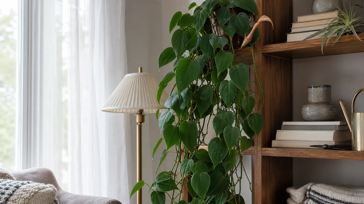A lush trailing heartleaf philodendron cascading from a tall wood shelf in a bright real-home corner with matte deep green heart-shaped leaves down the full length of the vine and one coppery bronze-red new leaf unfurling near the top from a thin papery sheath