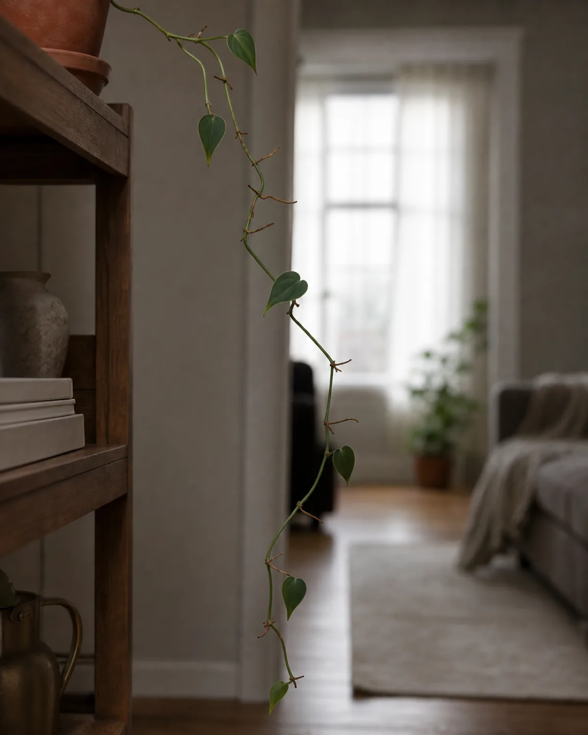 A long leggy heartleaf philodendron vine reaching across a shelf with wide bare gaps of stem between small sparse leaves in low indoor light