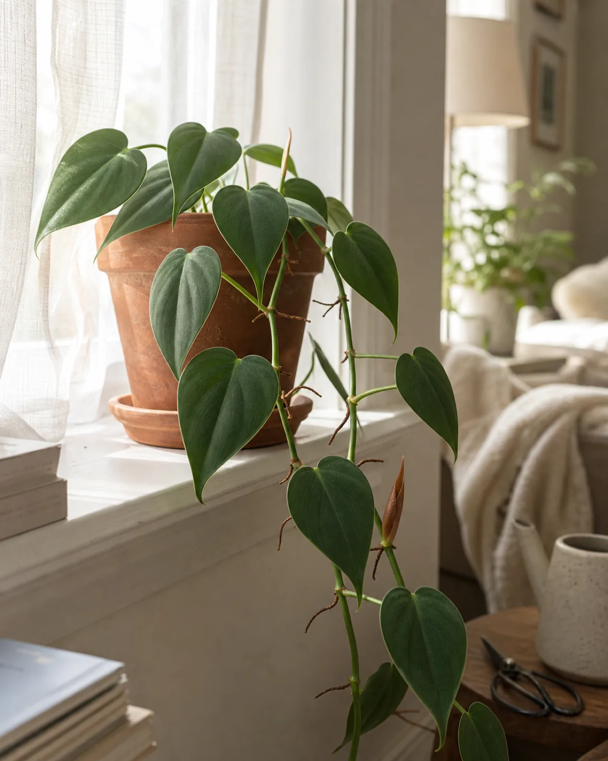 A heartleaf philodendron trailing from a plain terracotta pot on a windowsill with bright soft indirect daylight falling across the matte deep green heart shaped leaves spaced closely together along the vine
