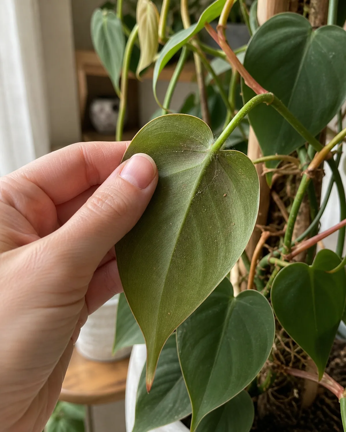 A macro closeup of a hand gently turning over a heartleaf philodendron leaf to check the underside for tiny pests with faint fine webbing visible near the leaf stem
