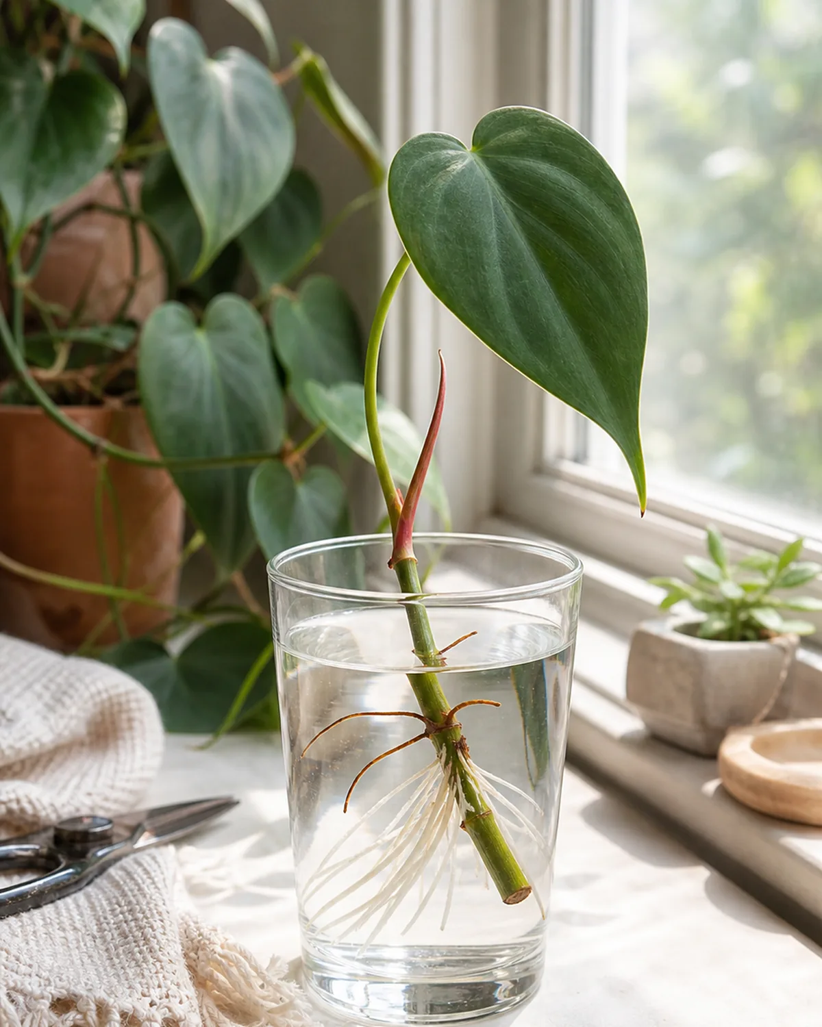 A rooting heartleaf philodendron node cutting in a small clear glass of water on a bright windowsill with fine white roots visible underwater and one healthy heart shaped leaf above the waterline
