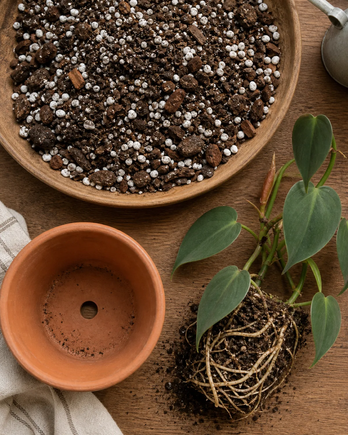 An overhead view of a wood tray holding a chunky aroid soil mix of dark potting soil pale perlite pieces and small orchid bark chunks beside a terracotta pot with drainage hole and a philodendron root ball waiting to be potted