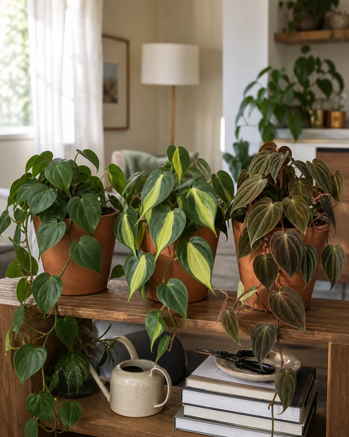 A small grouping of philodendron varieties on a wood shelf including a classic solid green heartleaf a Brasil with a lime yellow center stripe and a velvety bronze green Micans each in a plain terracotta pot