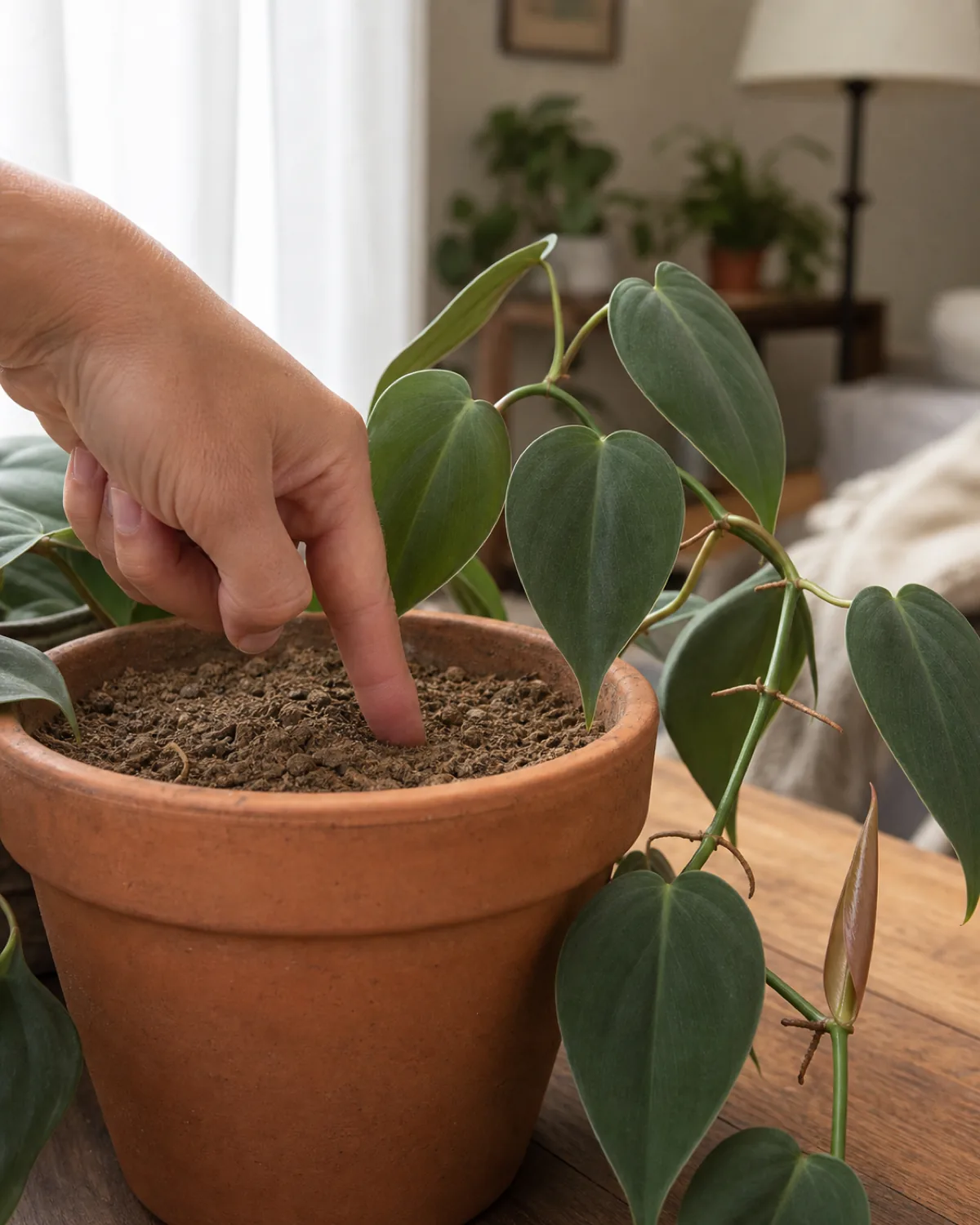 A hand pressing a finger into the topsoil of a philodendron pot to check moisture with a slightly drooping heartleaf philodendron vine visible behind the hand and pale terracotta pot