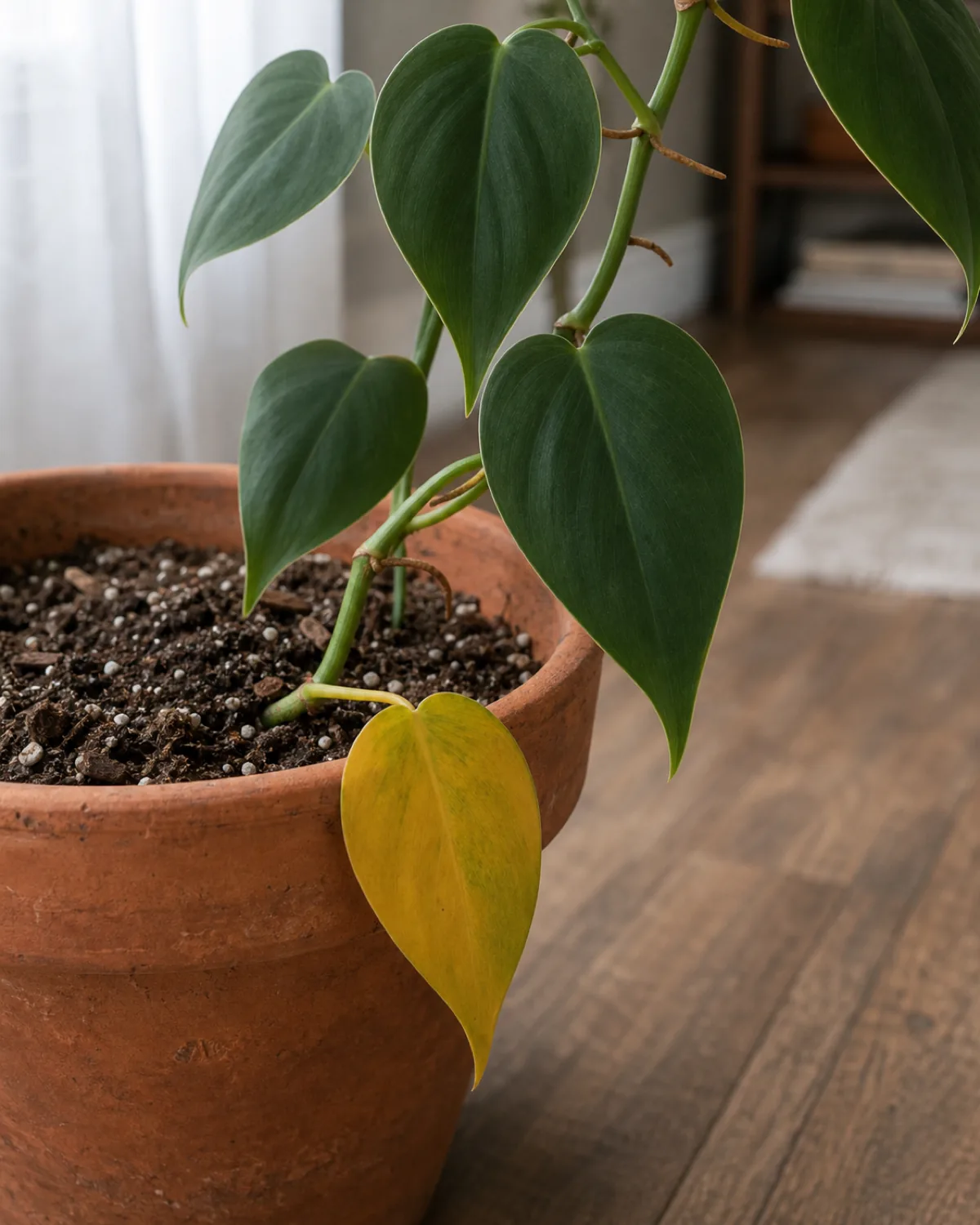 A closeup of the lower vine of a heartleaf philodendron with one yellow leaf near the soil line and the rest of the vine holding firm deep green matte leaves in a terracotta pot