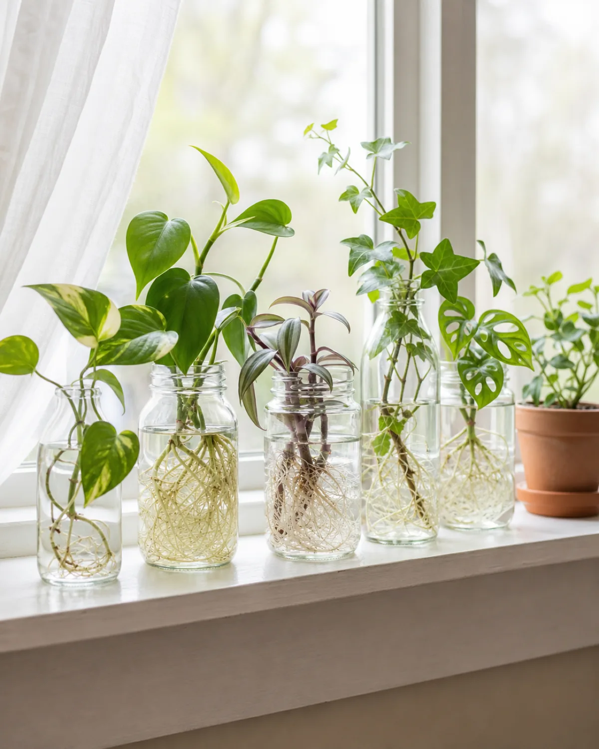 Vertical portrait of a sunny spring windowsill lined with five or six clear glass propagation jars each holding a different leafy vine cutting with dense vigorous white roots filling the water