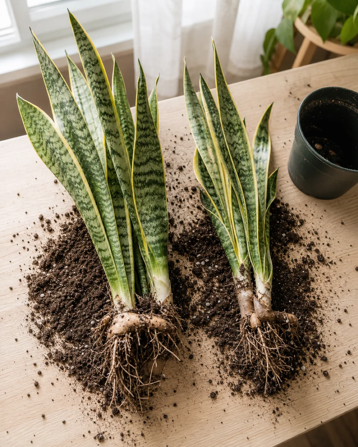 Vertical portrait of a snake plant clump lifted out of its pot and divided into two sections on a work table each showing its own pale rhizome piece with attached roots and an upright banded leaf