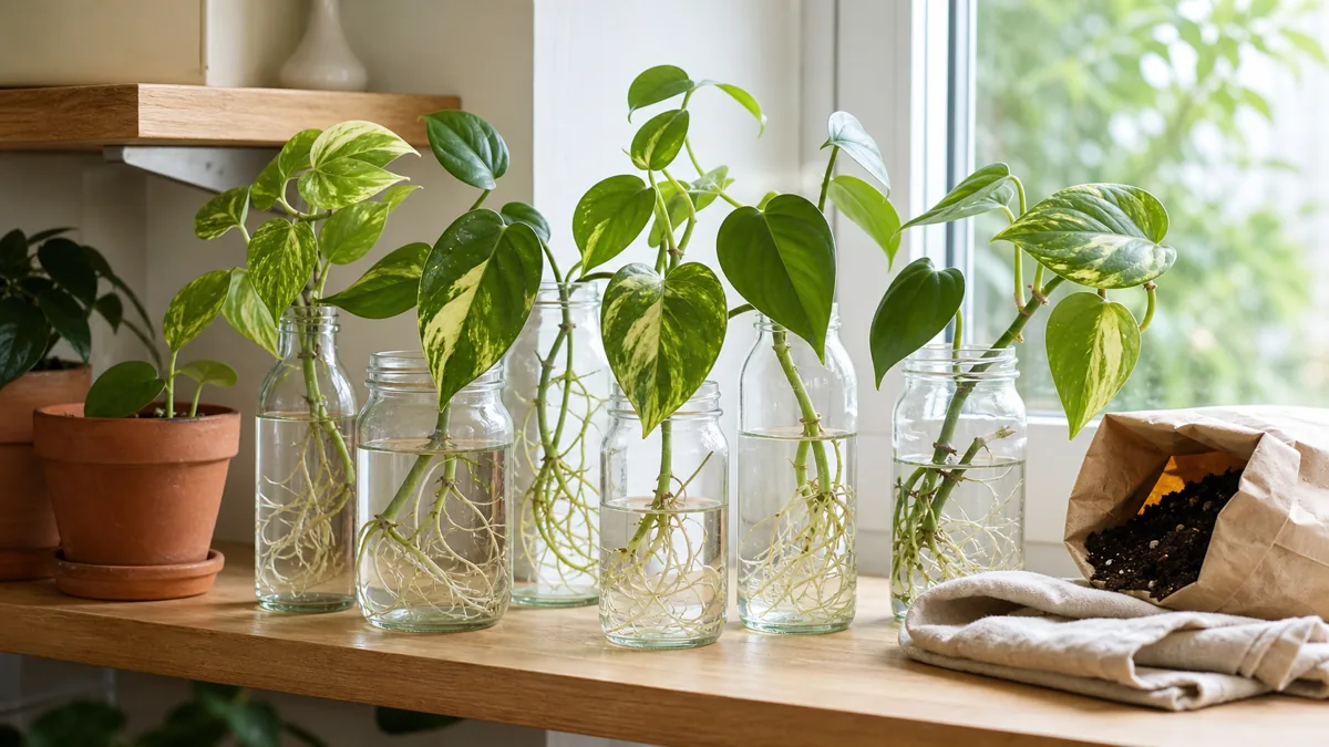 A styled real-home propagation station on a light wood shelf beside a bright window with several clear glass jars and bottles holding leafy pothos and philodendron cuttings with visible white water roots, small terracotta pots and a bag of potting mix nearby