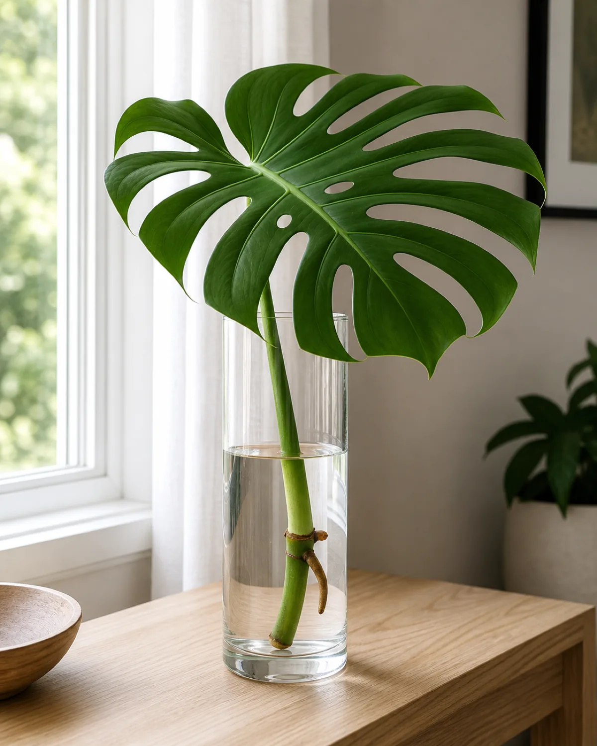 Vertical portrait of a single monstera cutting with a large fenestrated leaf and a stubby brown aerial root standing upright in a tall narrow clear glass vase of water beside a bright window