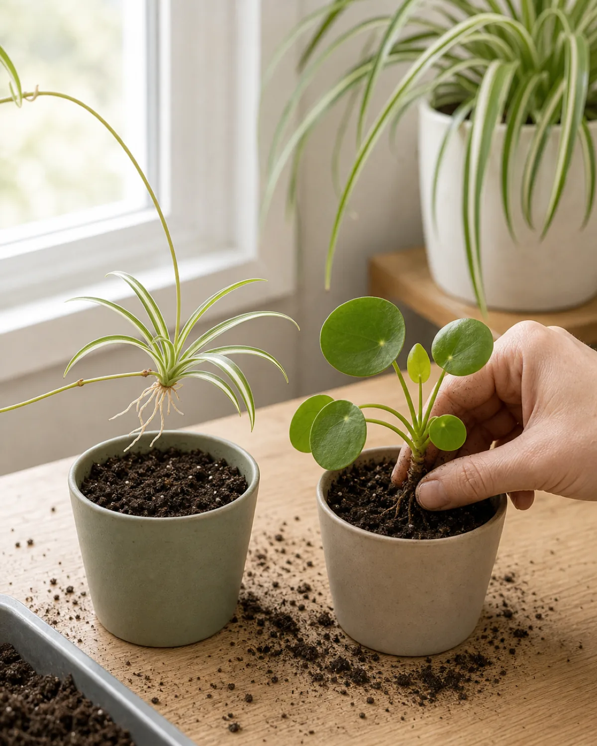Vertical portrait bright work table scene with a spider plant plantlet on an arching stolon held above a small pot of soil and a pilea peperomioides pup with its own root being pressed into a second pot