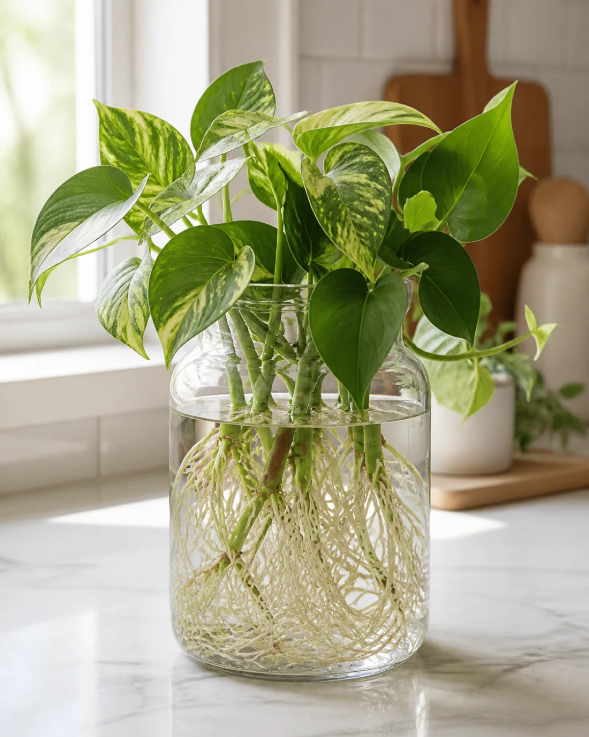 Vertical portrait of a single wide clear glass jar on a bright kitchen counter packed with golden pothos and heart-leaf philodendron cuttings with a dense tangle of long established white roots visible through the glass