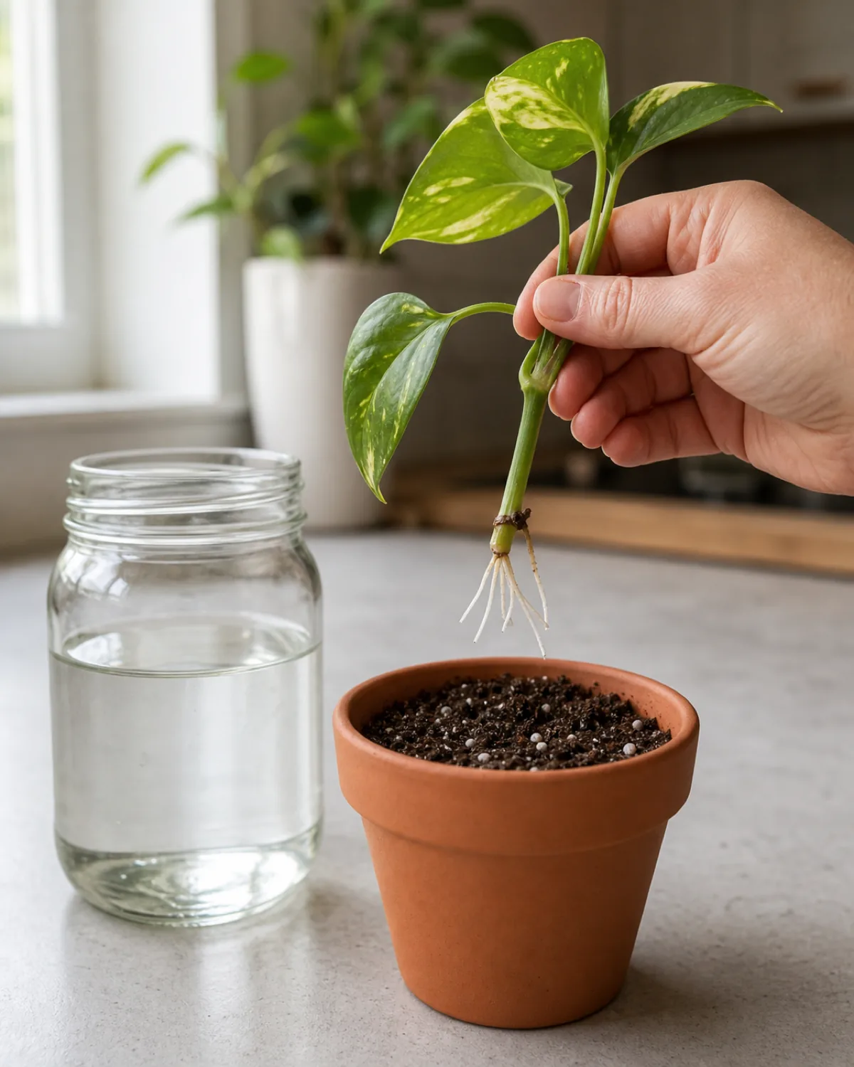Vertical portrait bright kitchen counter scene of a leafy vine cutting with visible white roots one to two inches long being lifted out of a clear glass jar of water above a small terracotta pot of fresh potting soil mid-transfer