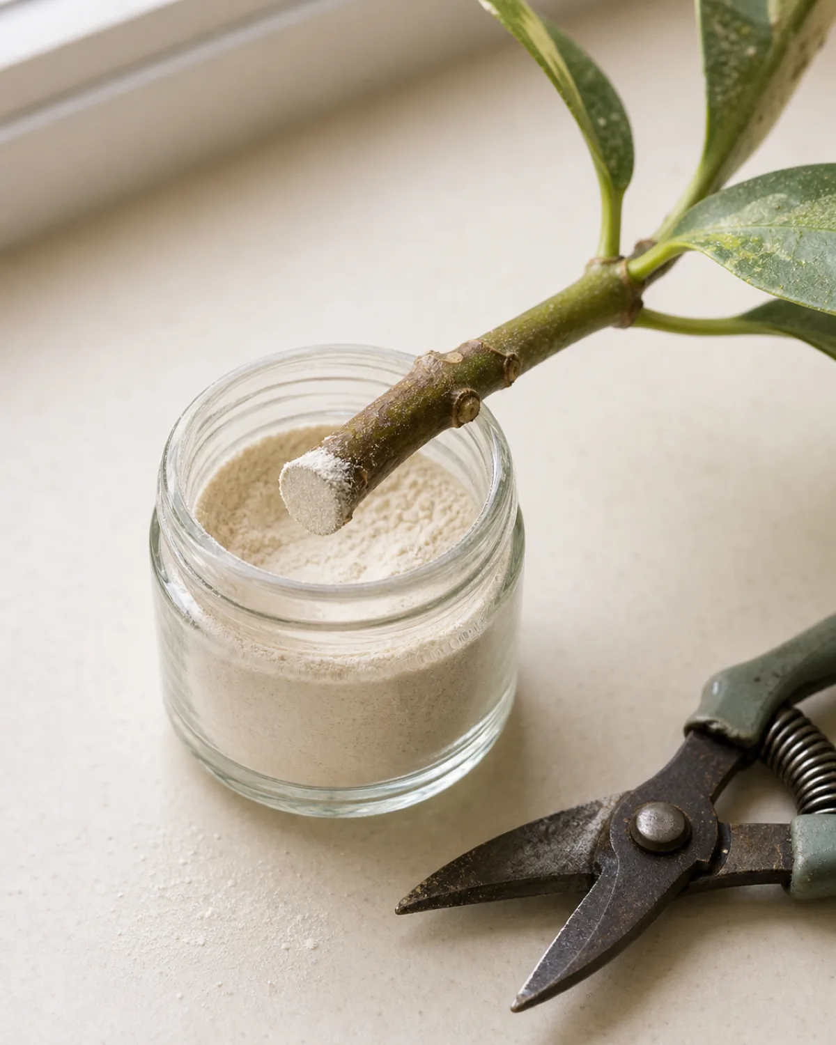 Vertical portrait of a clean pale work surface with a small open jar of pale rooting hormone powder and one woody plant stem cutting resting against the rim with its cut end dusted in powder