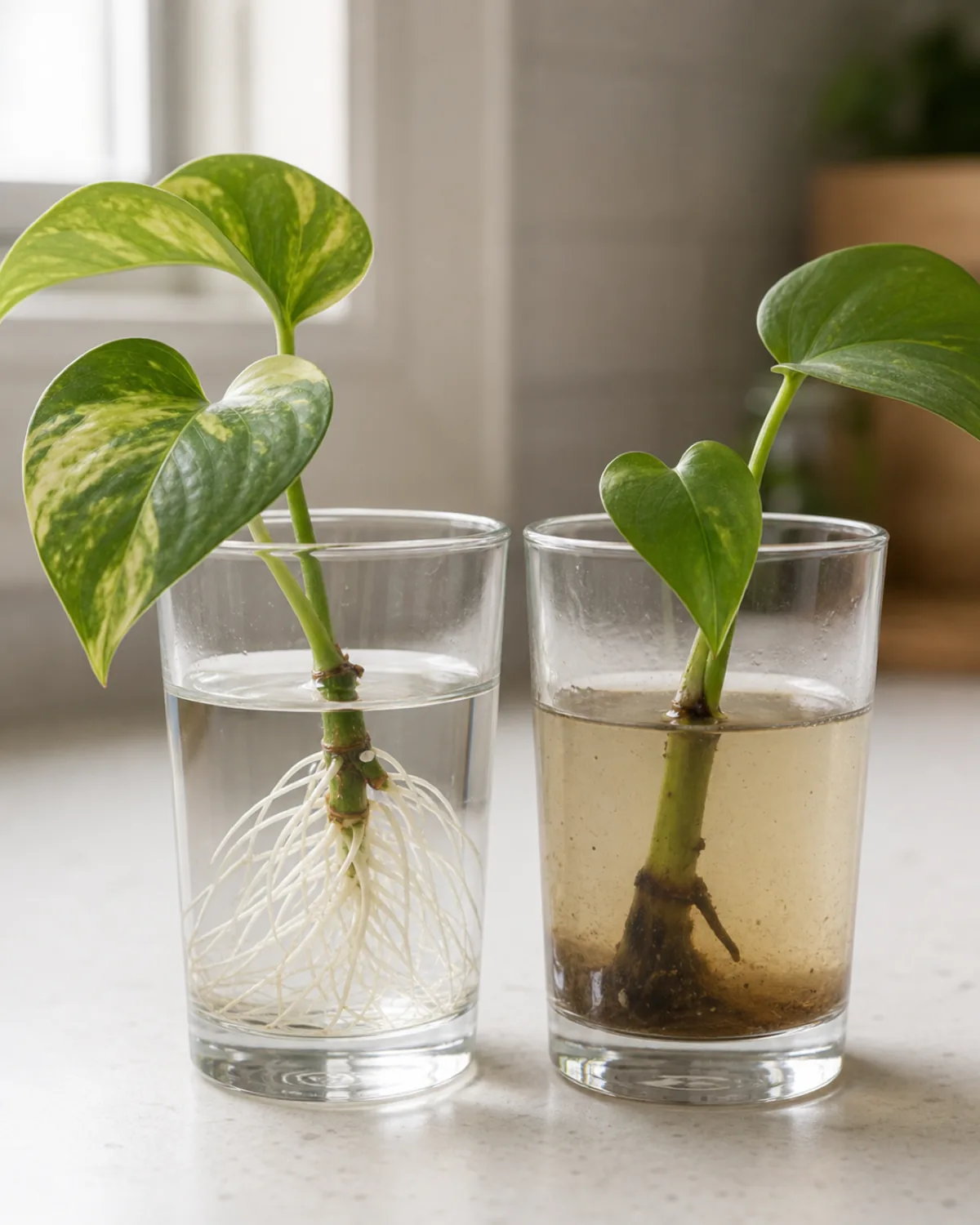 Vertical portrait of two clear glasses side by side one with a stem cutting showing clean firm white healthy roots in clear water and one with a cutting whose stem end is mushy brown and slimy in cloudy water