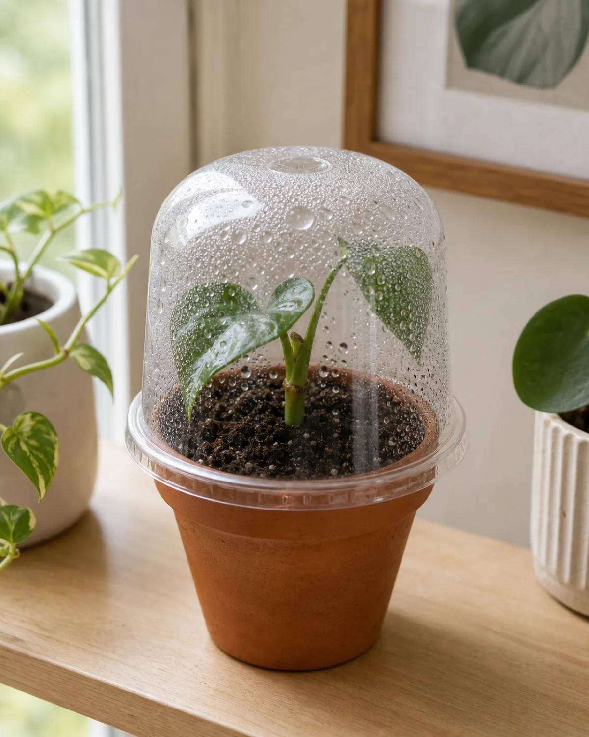 Vertical portrait of a small terracotta pot of moist potting soil on a bright shelf with a leafy stem cutting pushed into the soil under a clear plastic humidity dome with visible condensation