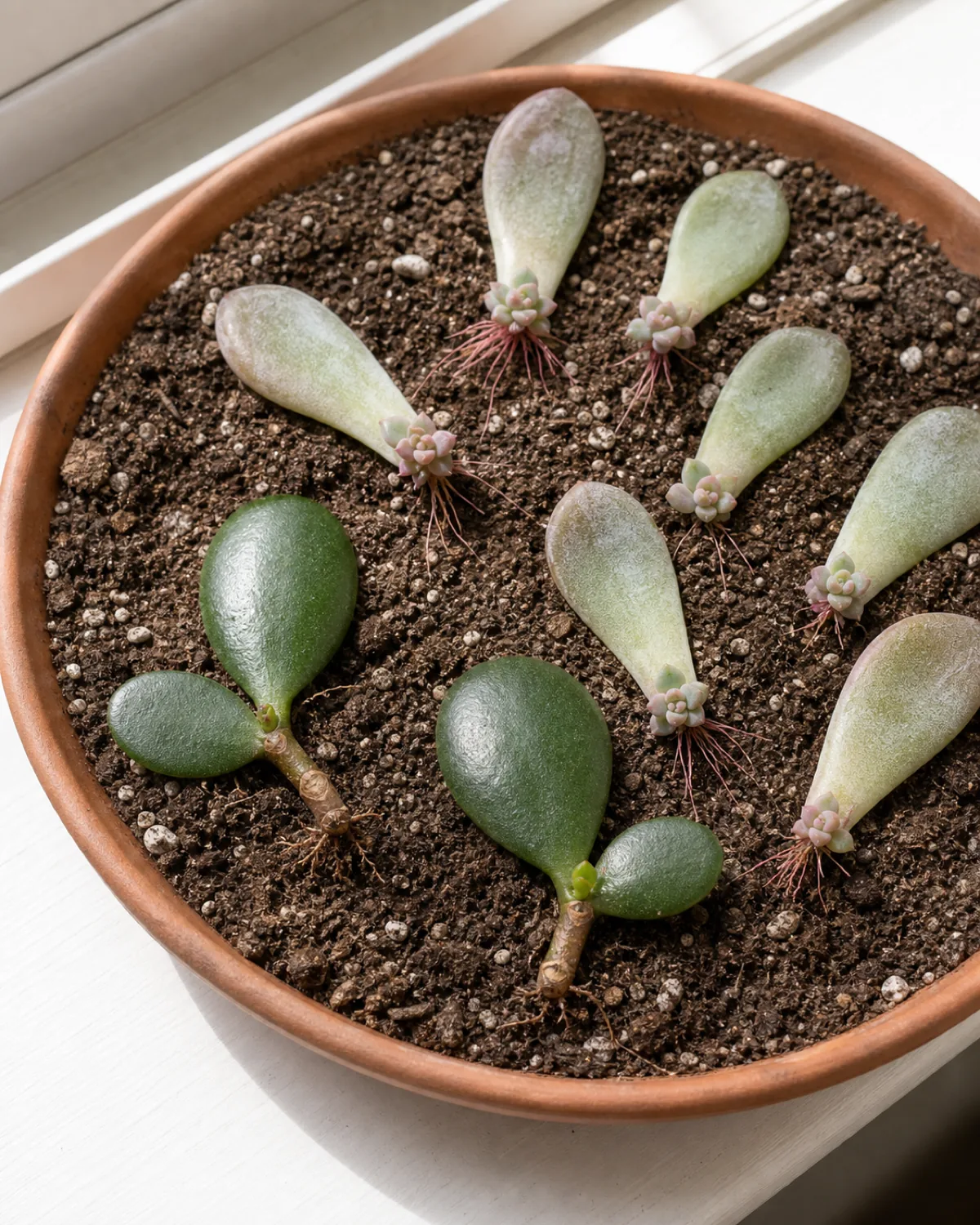 Vertical portrait overhead angled closeup of a shallow terracotta tray with plump succulent leaves and jade leaf pairs resting on dry potting soil with tiny new rosettes and thread-like roots forming at the leaf bases