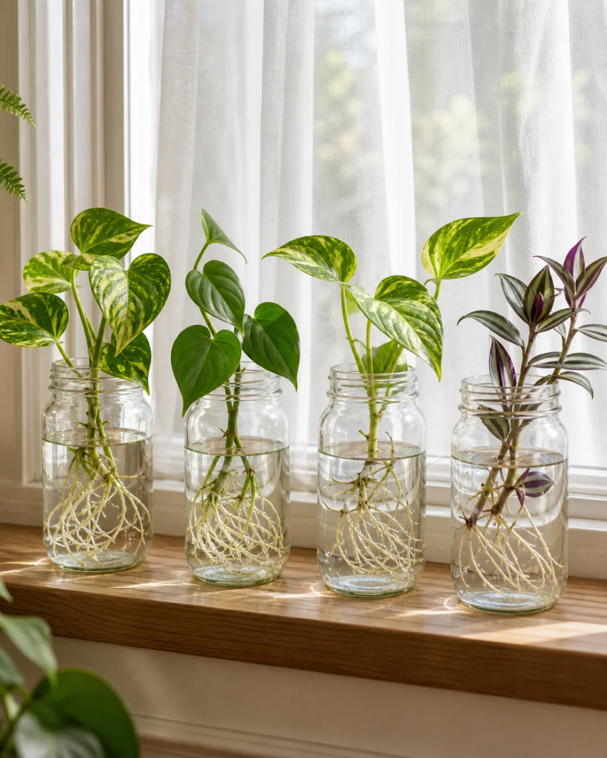Vertical portrait of four clear glass jars lined up on a sunny windowsill in a real home each holding a leafy vine cutting with visible thin white water roots branching under the waterline