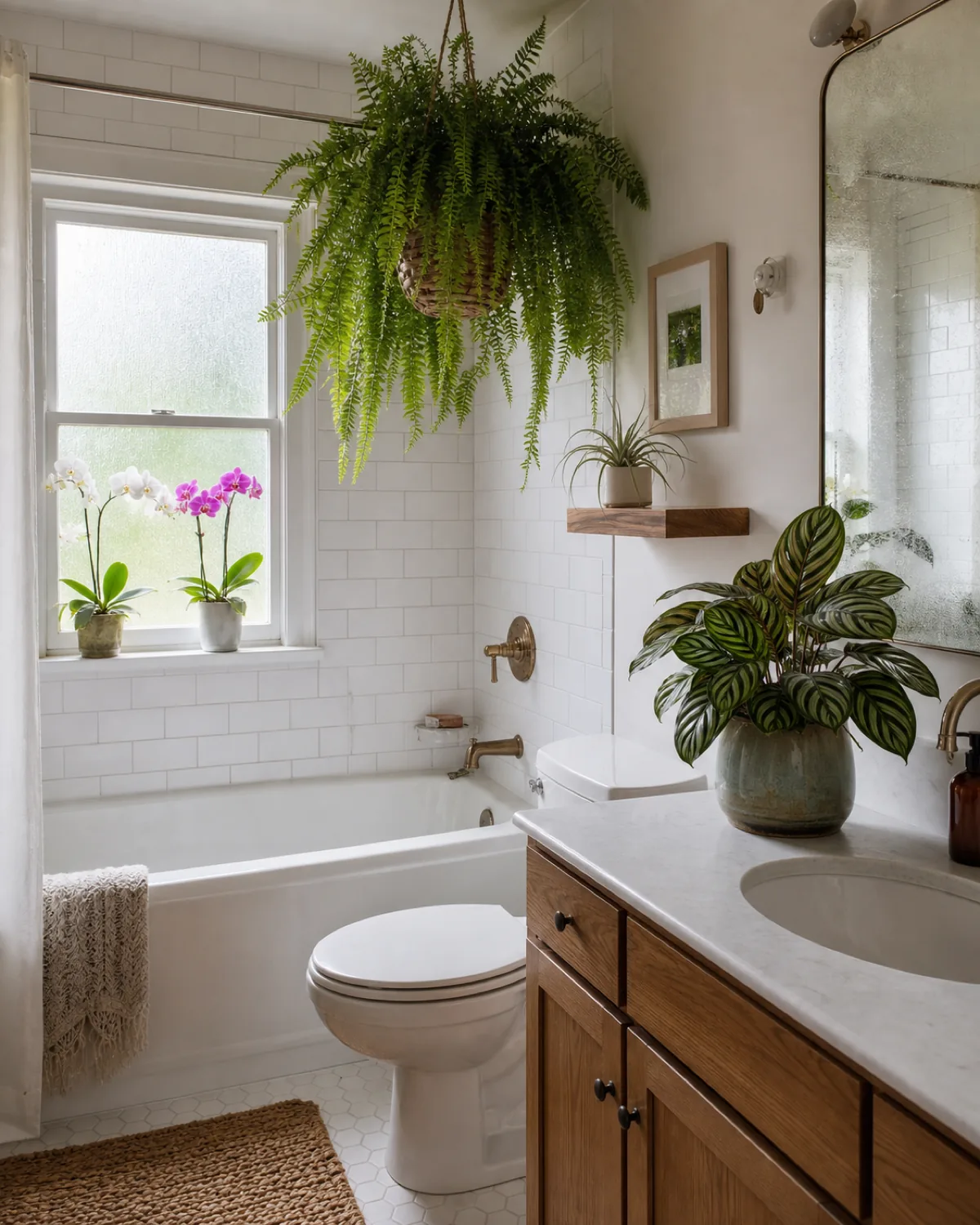 A bright bathroom with a Boston fern hanging above the bathtub, orchids on the windowsill, and a calathea on the counter