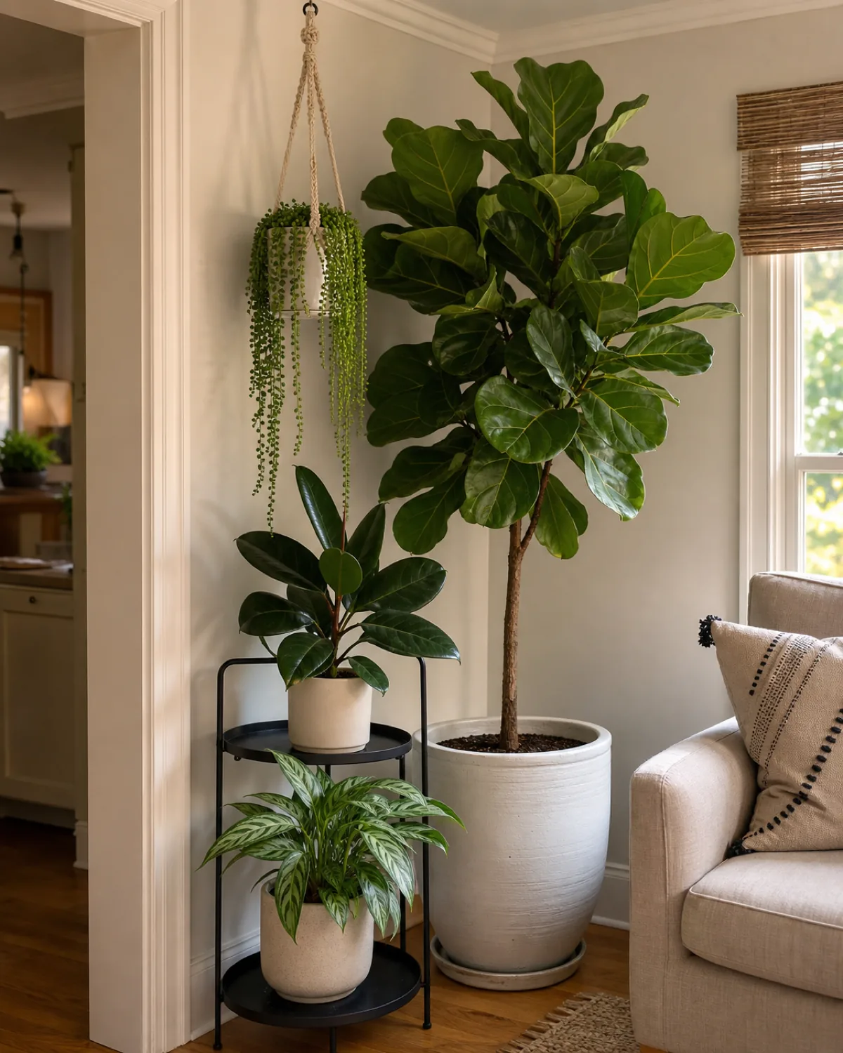 A living room corner transformed with a tall fiddle leaf fig at the base, medium plants on a tiered metal stand, and a trailing string of pearls in a macrame hanger above