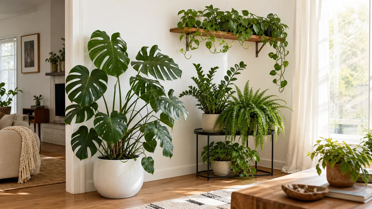 A bright living room corner transformed into a lush plant room with a monstera, trailing pothos, and a cluster of medium plants on a plant stand