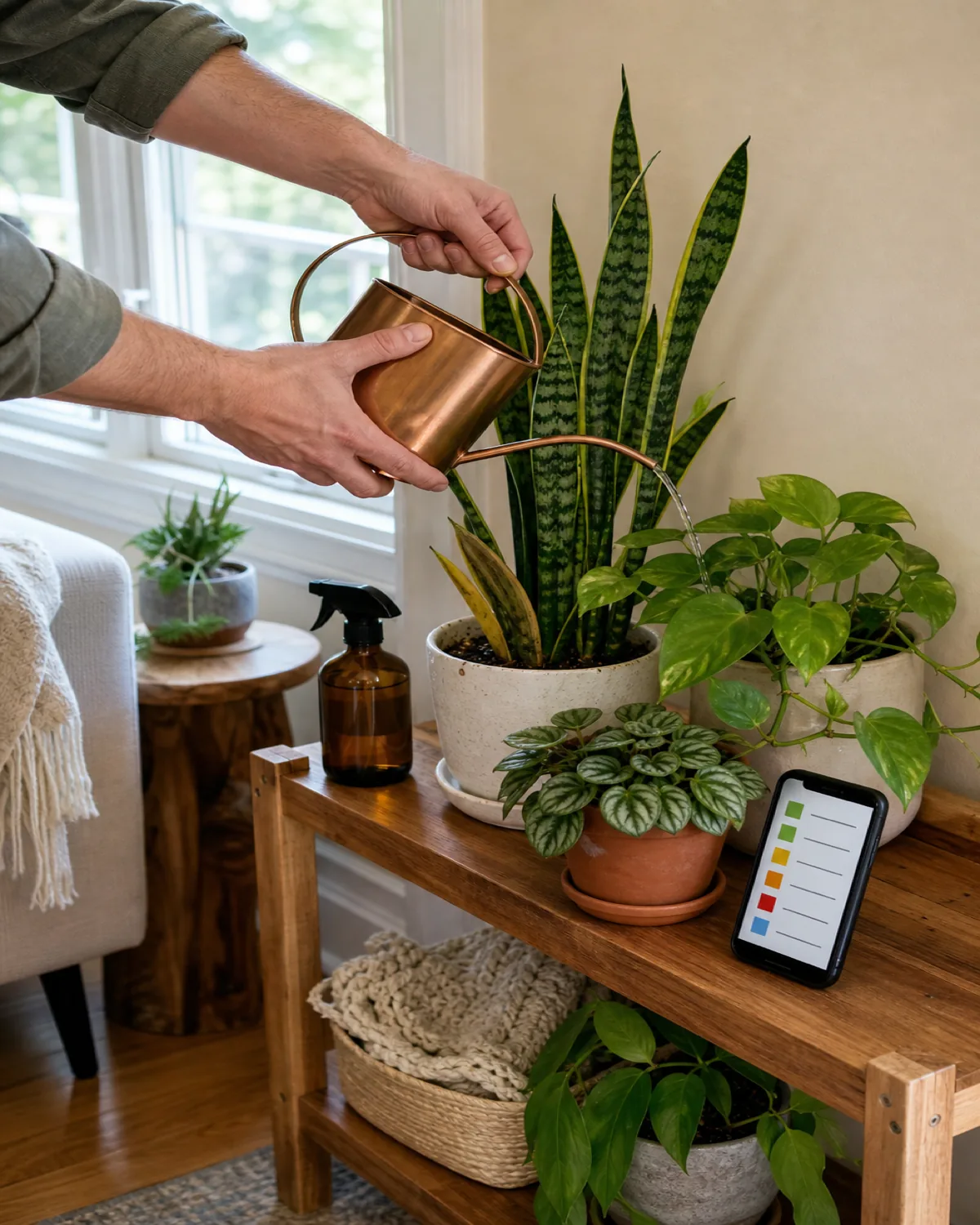 A person watering a row of plants on a shelf with a long-spouted watering can, with some naturally yellowed lower leaves visible