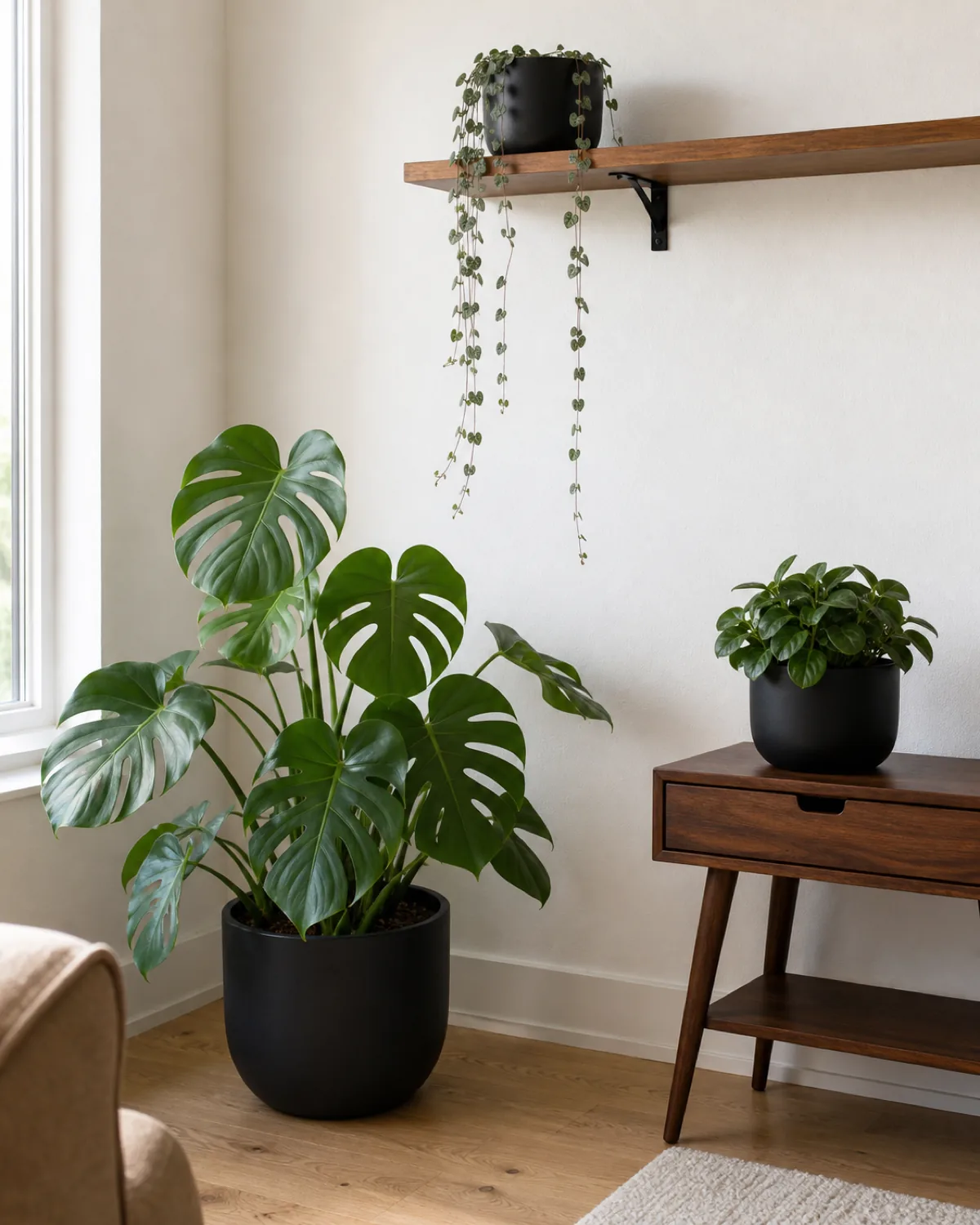 A clean modern living room corner with exactly three plants at different heights in matching matte black pots with abundant negative space