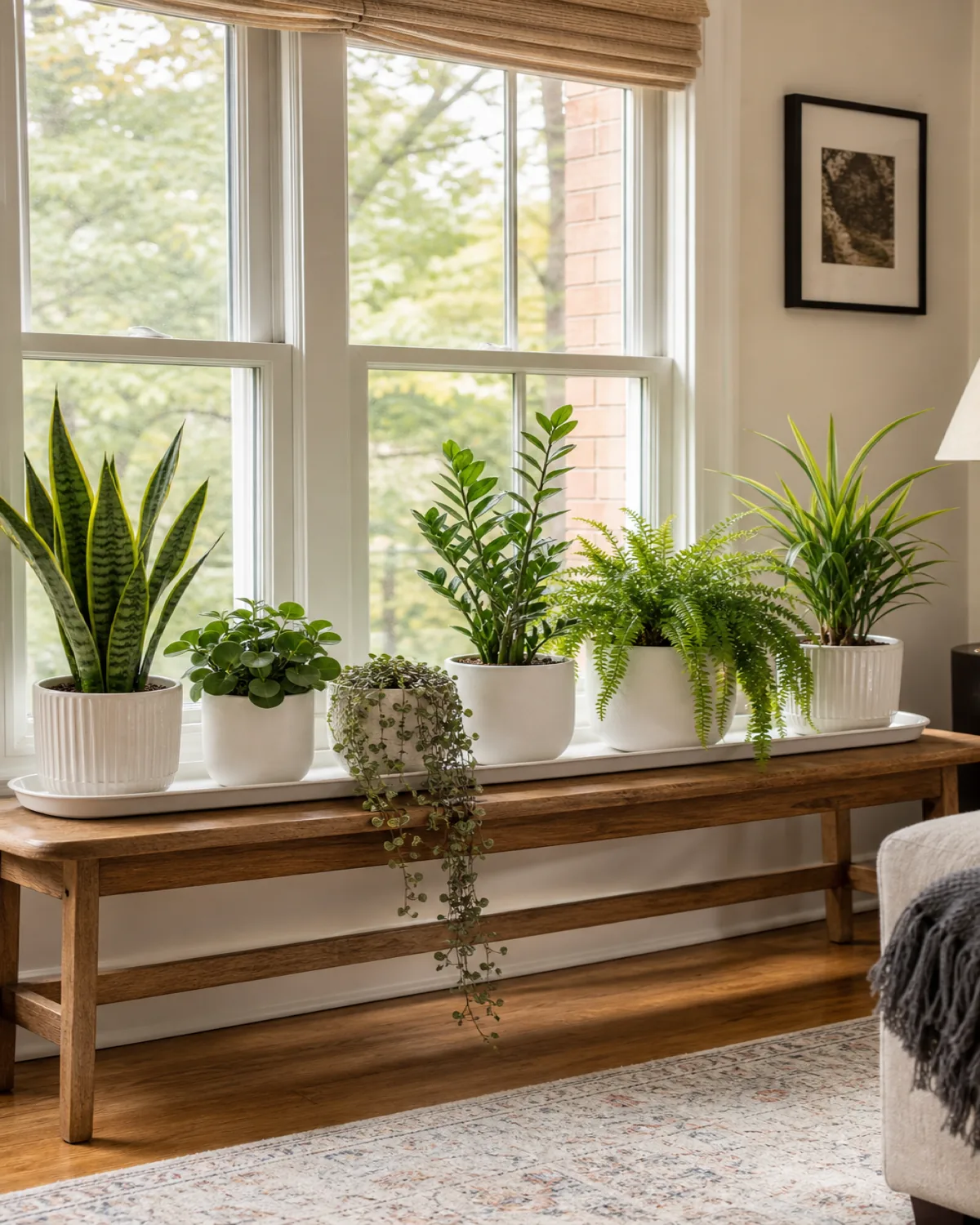 A long low wooden console table below a large window lined with six plants in a row creating a living hedge effect with alternating silhouettes