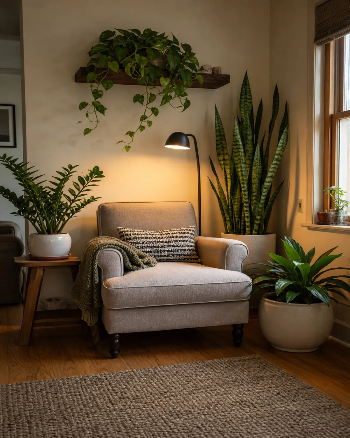 A cozy armchair in a corner surrounded by plants on three sides with a tall snake plant behind and trailing pothos from a shelf above