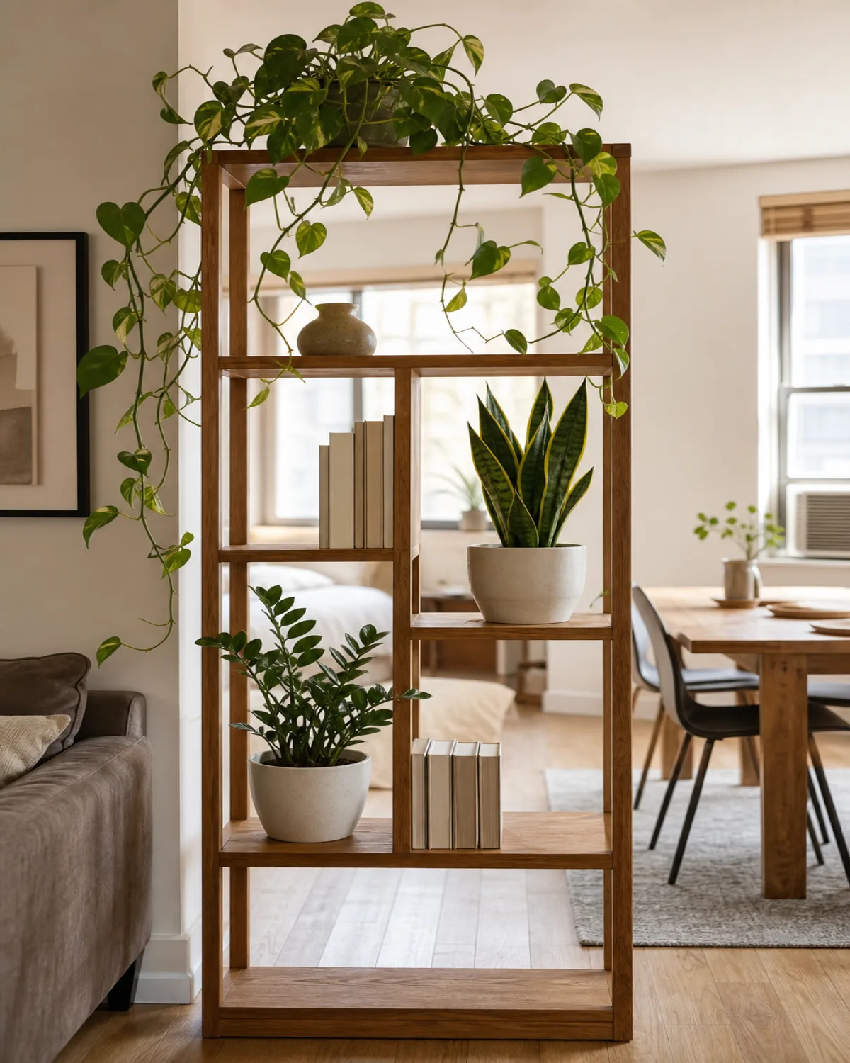 A tall open wooden shelving unit functioning as a room divider between a living area and dining space, filled with trailing and upright plants