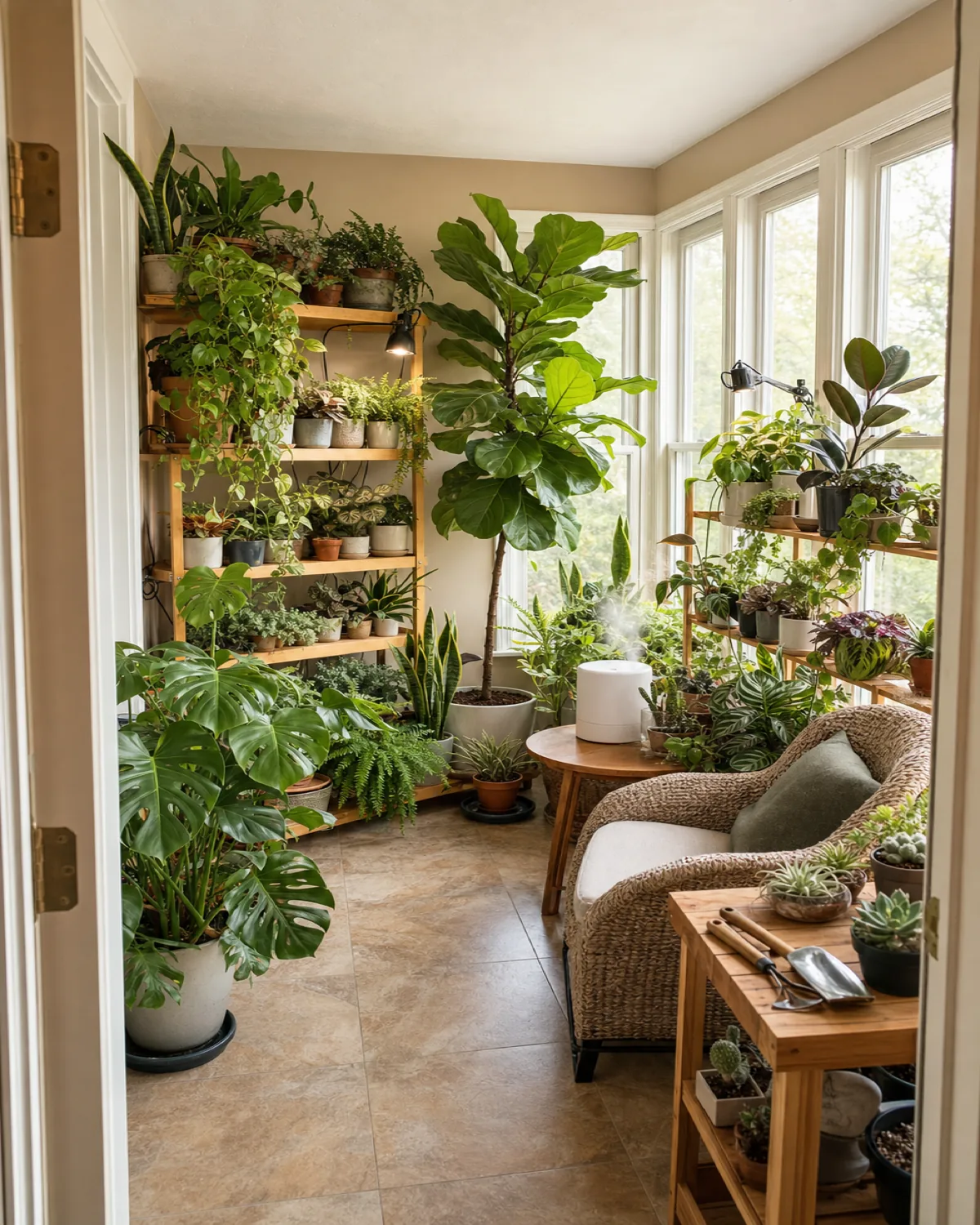 An enclosed sunroom filled with plants on shelving units along the walls, large floor plants in corners, and a potting bench