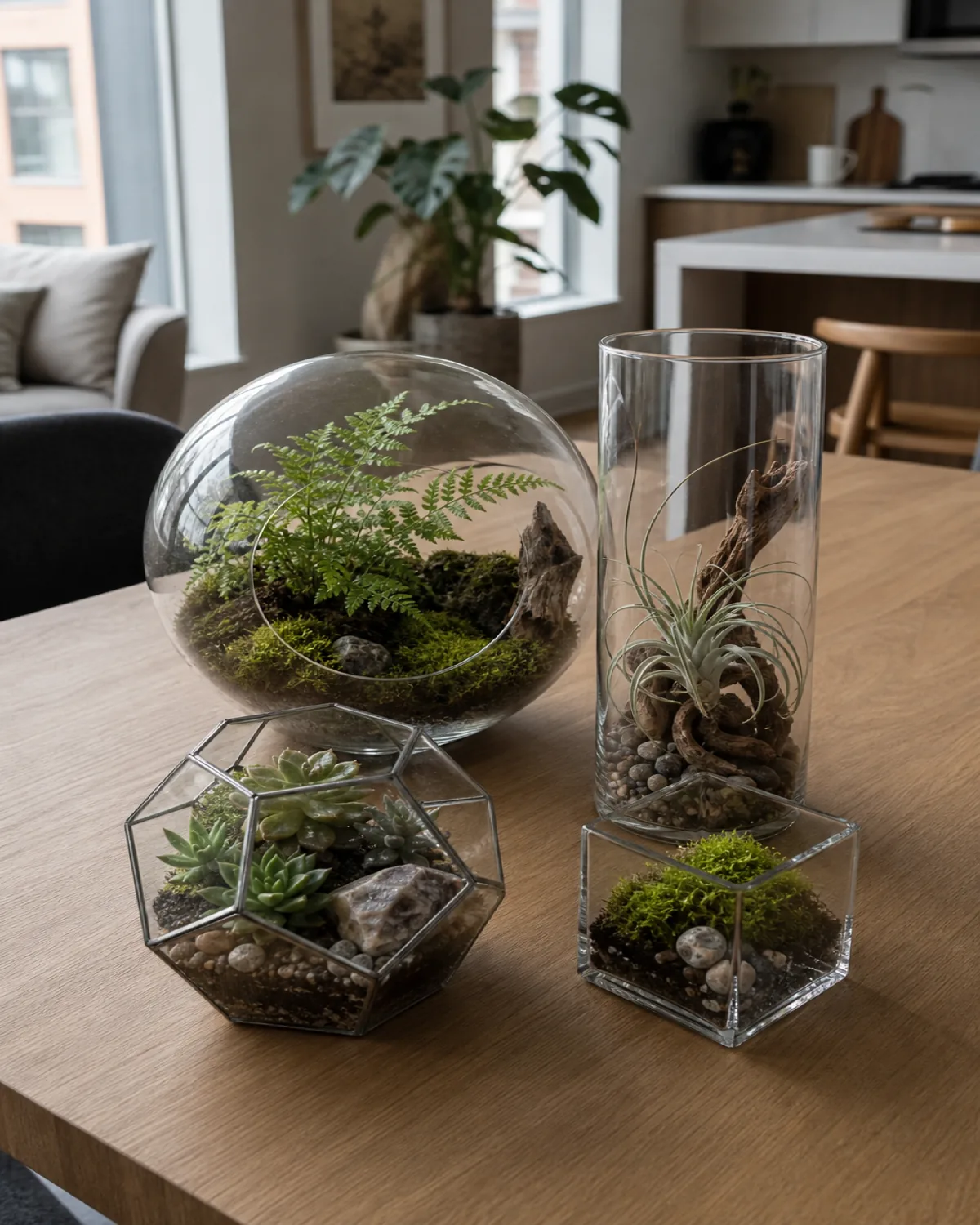 Four glass terrariums of different sizes and shapes clustered on a wooden dining table containing miniature landscapes of moss, ferns, and succulents
