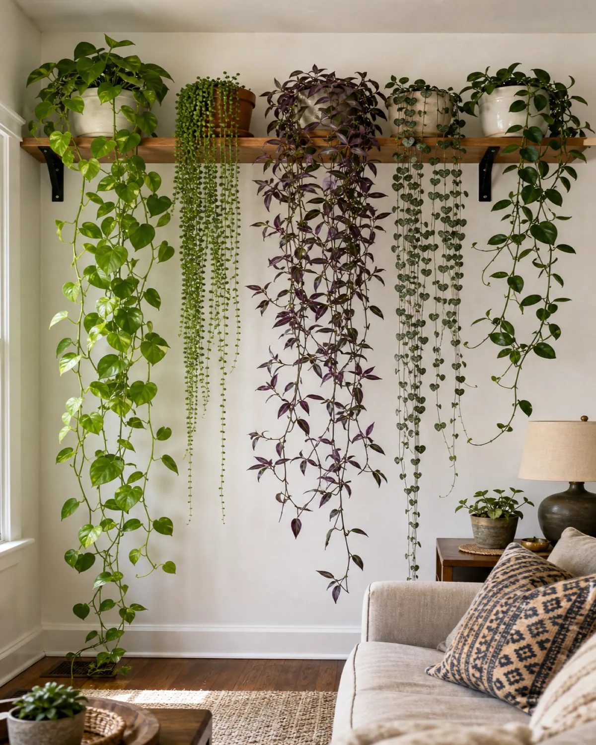 A long wooden shelf mounted near the ceiling with five trailing plants creating a cascading green curtain against a white wall