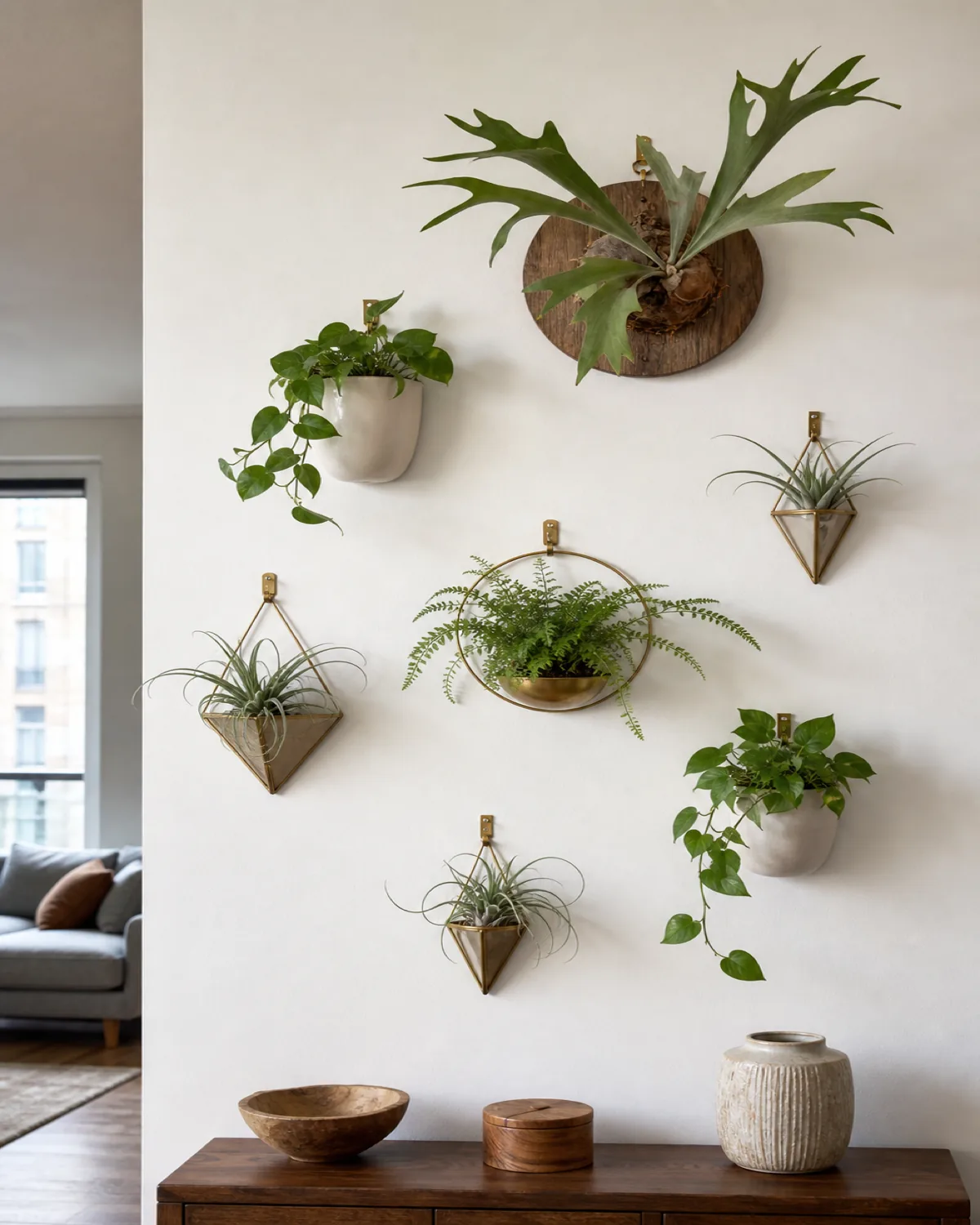 A white wall with seven wall-mounted planters in an asymmetric staggered arrangement including a staghorn fern and trailing pothos