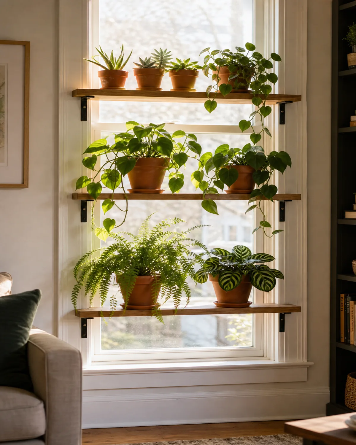 Three narrow wooden shelves at different heights in front of a bright south-facing window with succulents, pothos, and ferns arranged by light gradient
