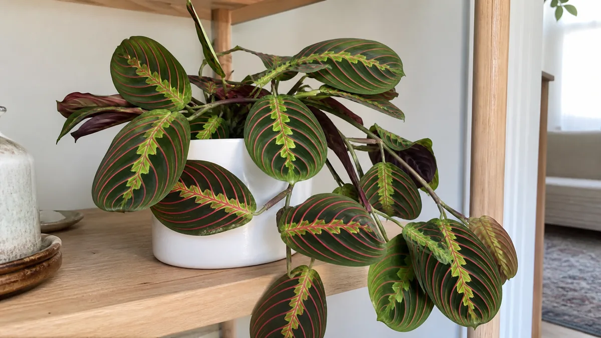 A lush red prayer plant (Maranta leuconeura erythroneura) with vivid herringbone red veins on dark green leaves in a white pot on a wooden shelf