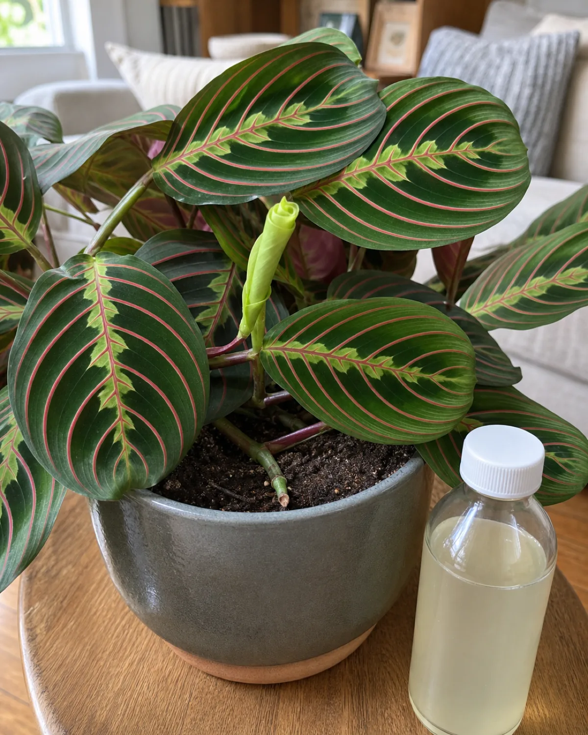 A prayer plant with healthy vivid leaves producing a new pale green unfurling leaf, with a bottle of diluted fertilizer nearby