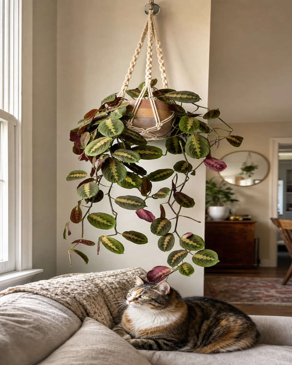 A prayer plant in a hanging macrame planter with stems trailing down, in a living room with a cat sitting on a couch below