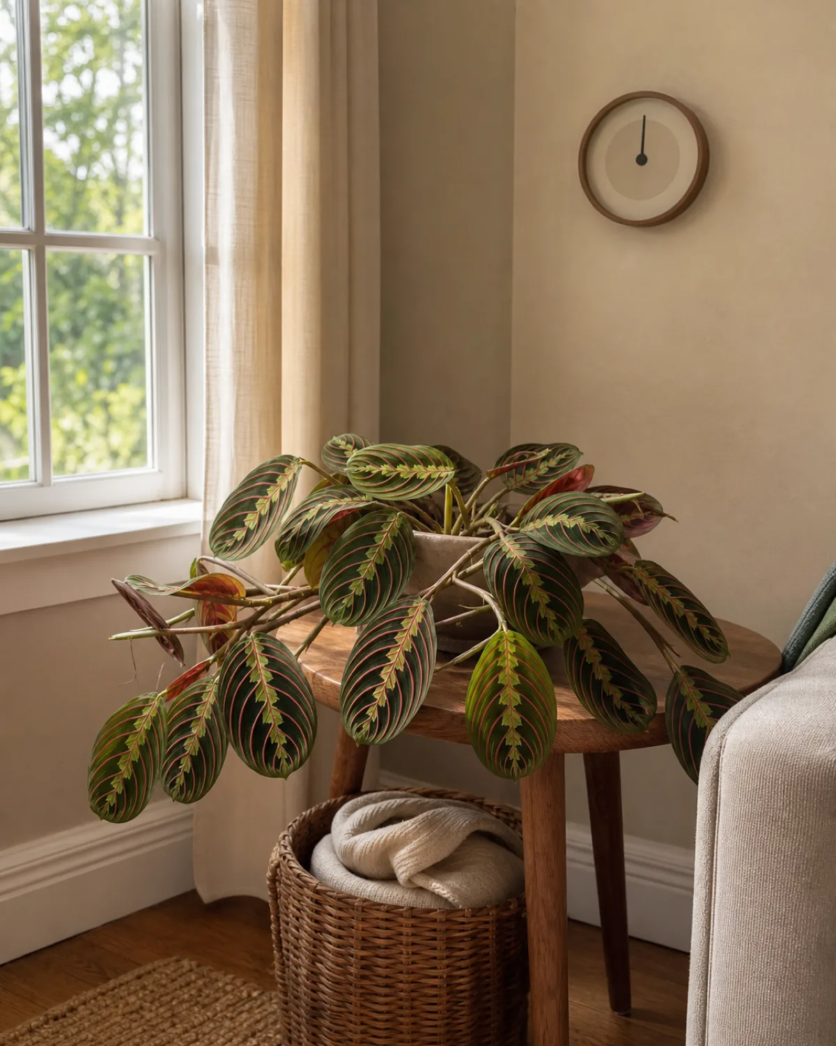 A prayer plant on a side table near an east-facing window with gentle morning light in a warm cozy room
