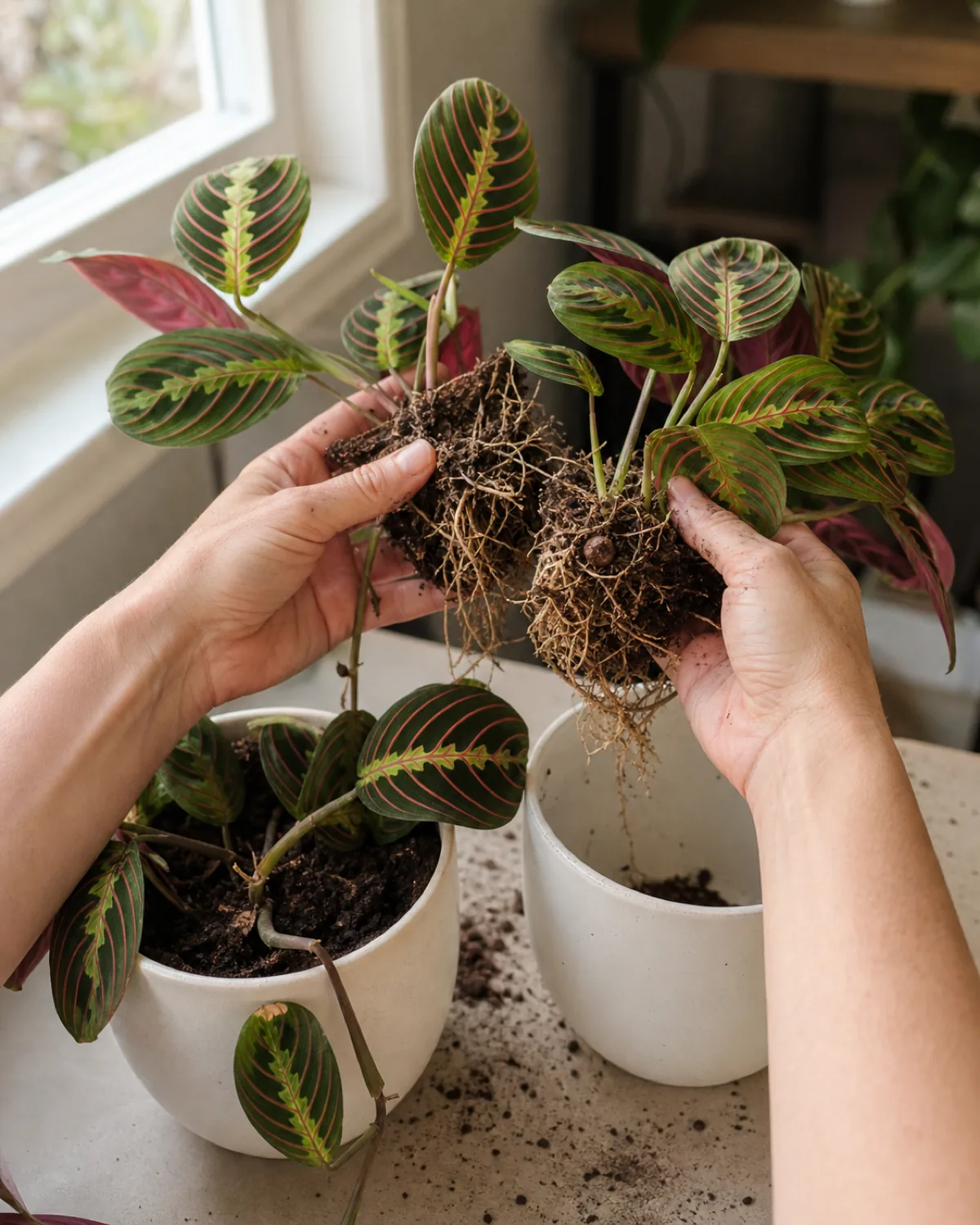 Hands gently separating a prayer plant root ball during division, showing two clumps with trailing stems and healthy white roots