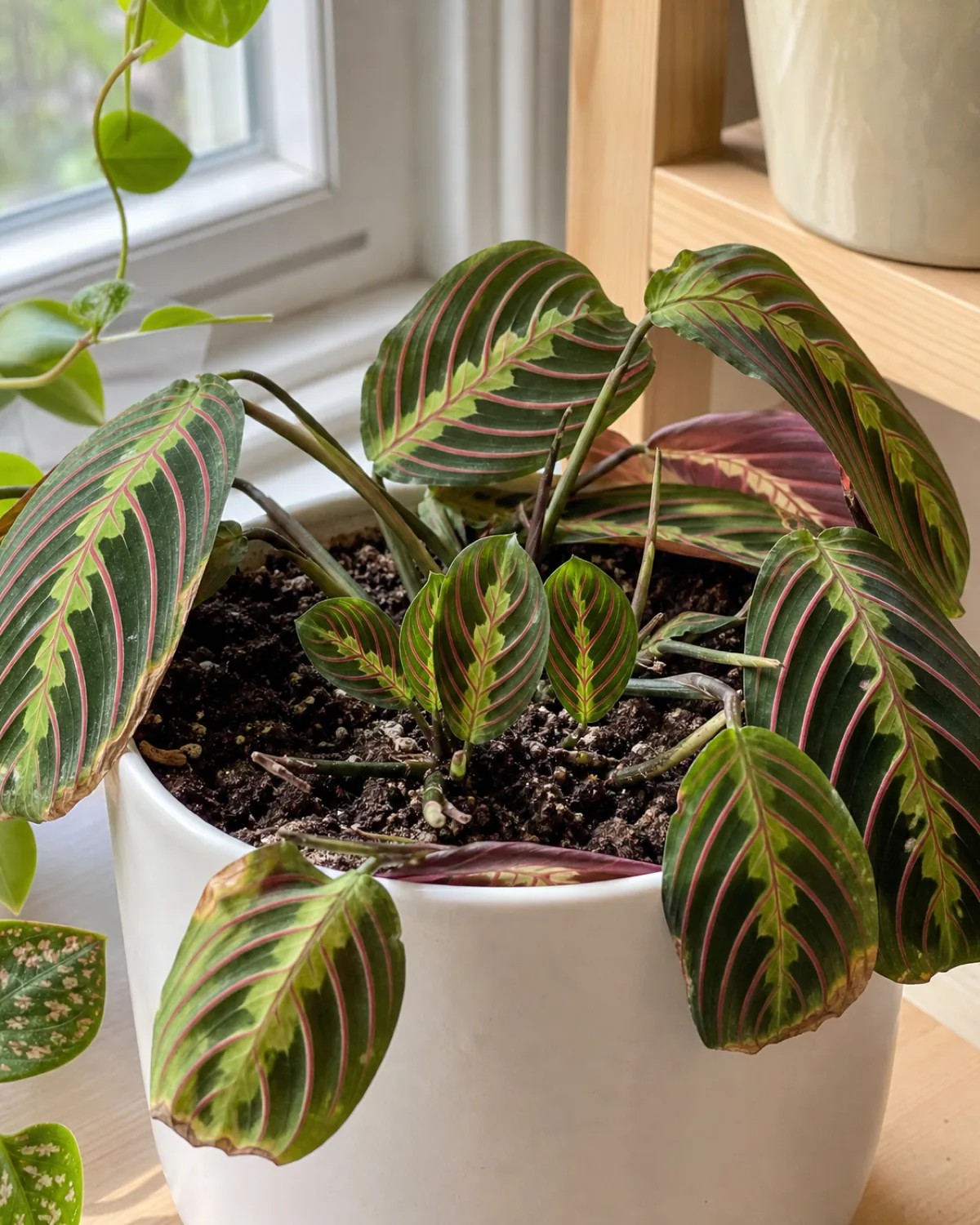 A prayer plant showing recovery with older leaves having slight brown tips and fresh new stems with pristine vivid leaves emerging from soil level