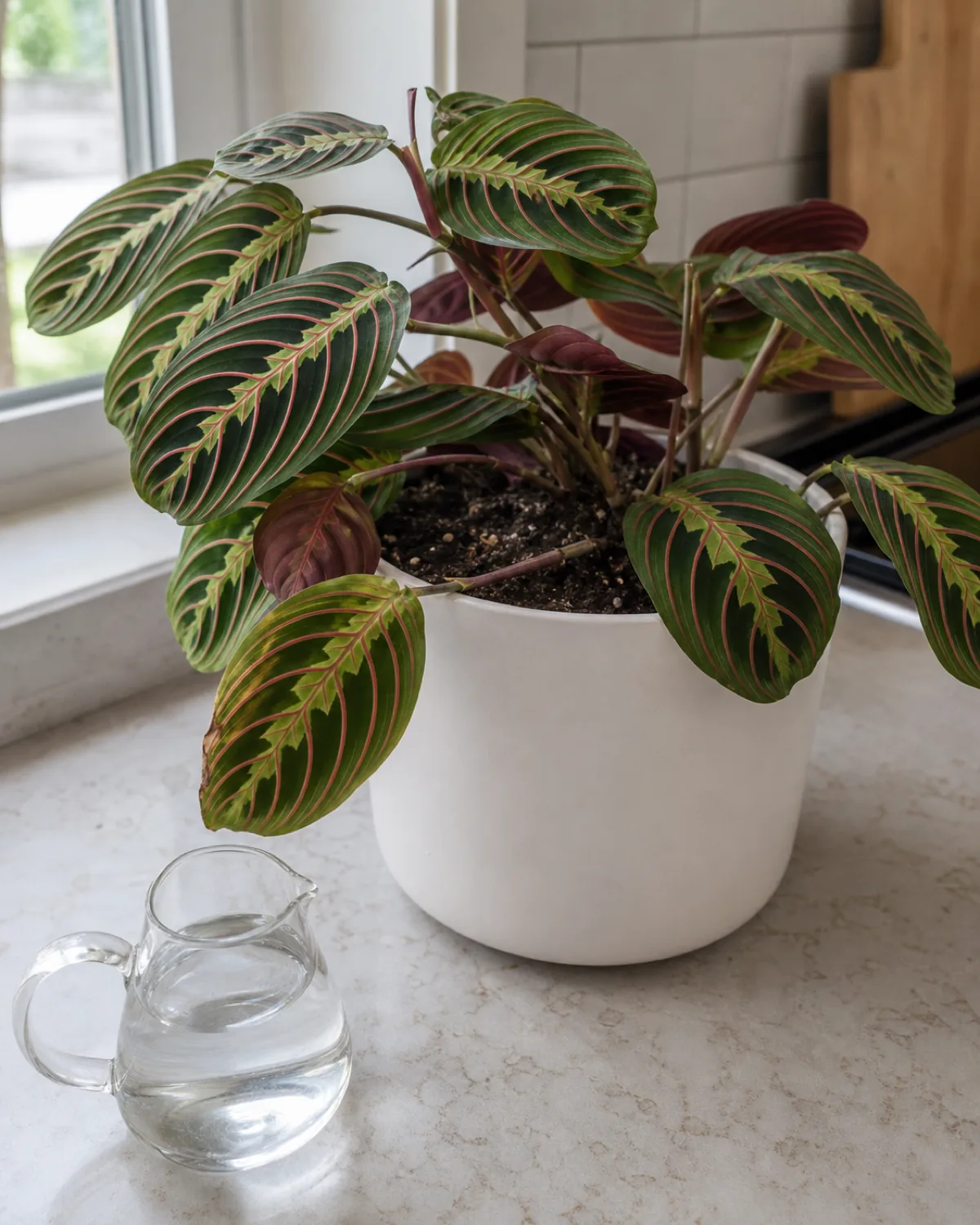 A prayer plant in a white pot showing damp soil surface with a glass watering pitcher of filtered water nearby
