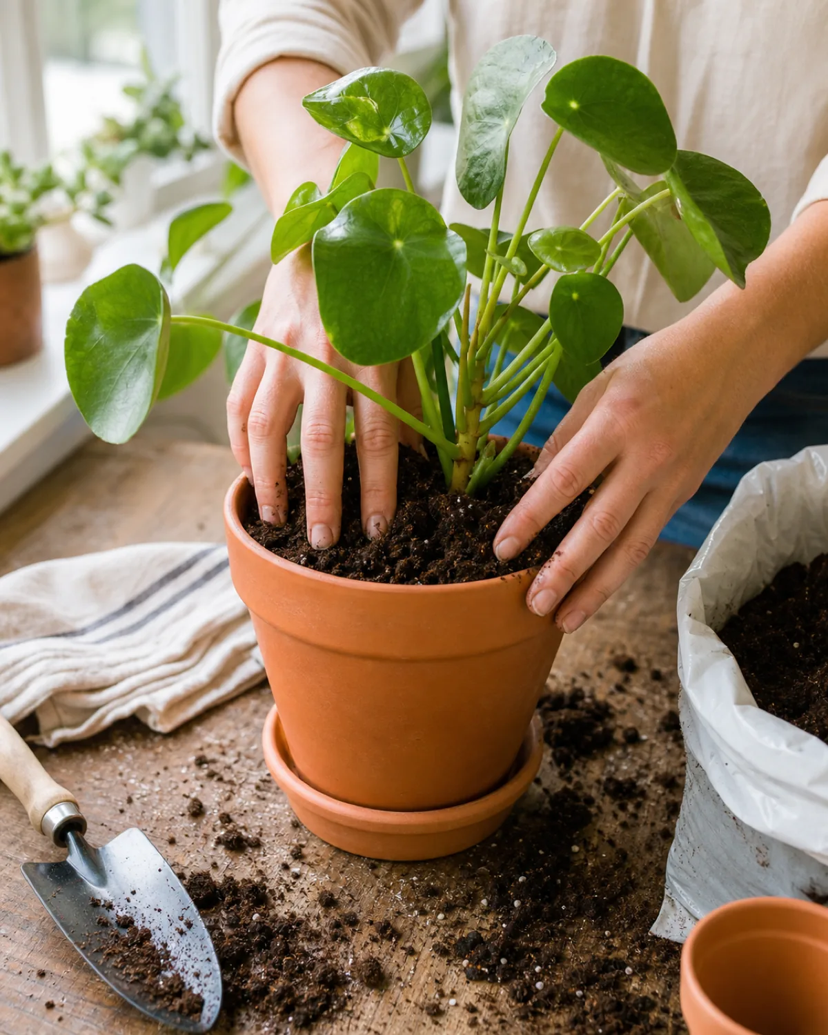 A pair of hands gently backfilling loose dark potting mix around the base of a houseplant just set into a terracotta pot